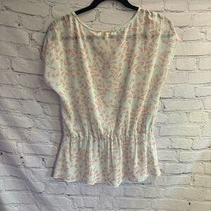 Daniel Rainn Women's Novelty Print‎ Peplum Cap Sleeve Sheer Flowy Top Sz M GUC